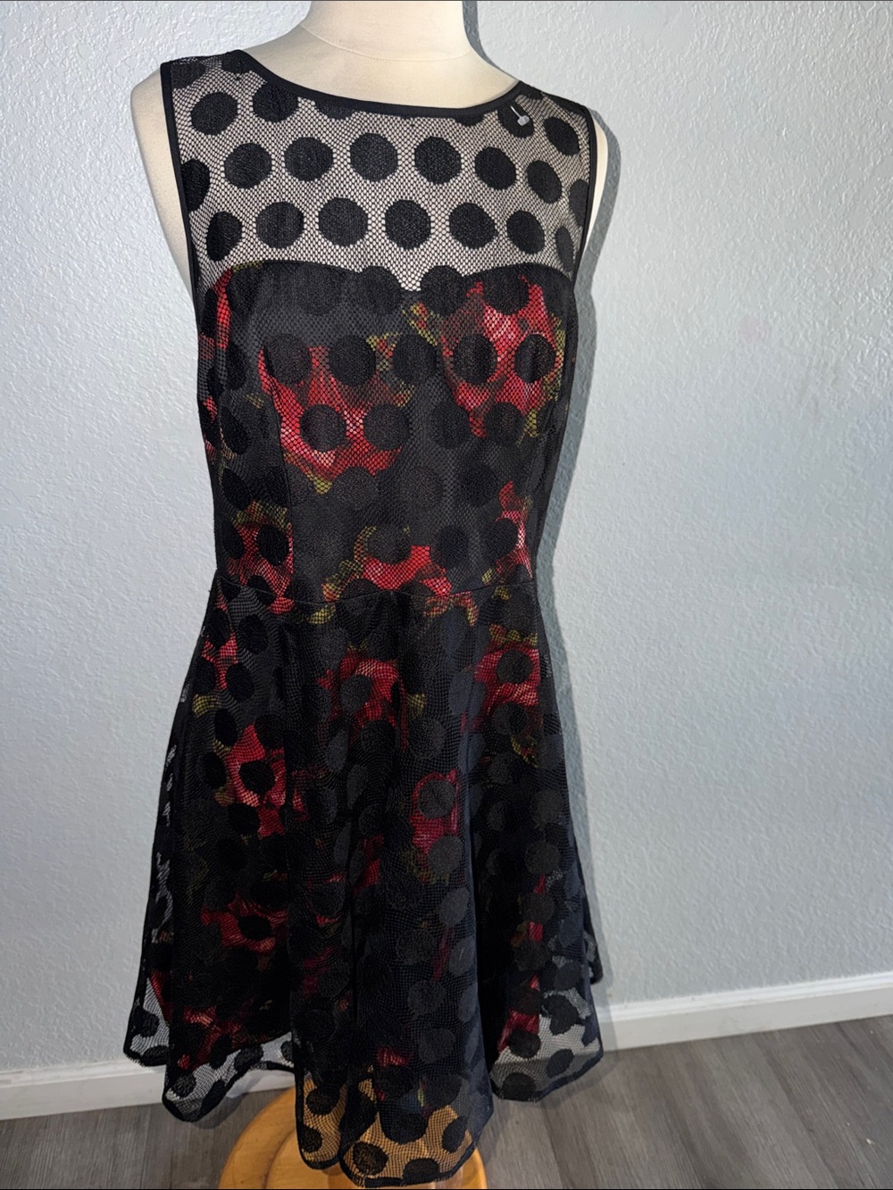 Betsey Johnson Black Mesh Fit-and-Flare Dress with Red Floral Underlay
